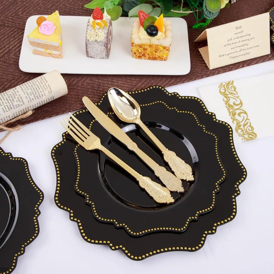 175PCS Black Dinnerware Set with Disposable Silverware for 25 Guests 50 Dinner Plates