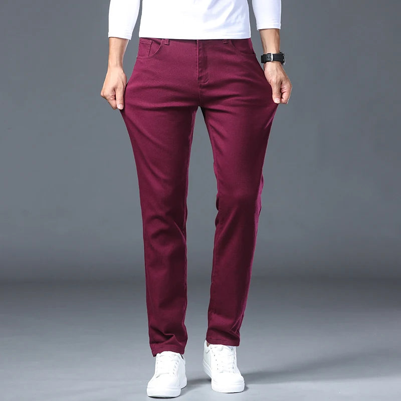 Men Fashion Classic Jeans Solid Color  Streetwear Trousers Stretch Slim-fit