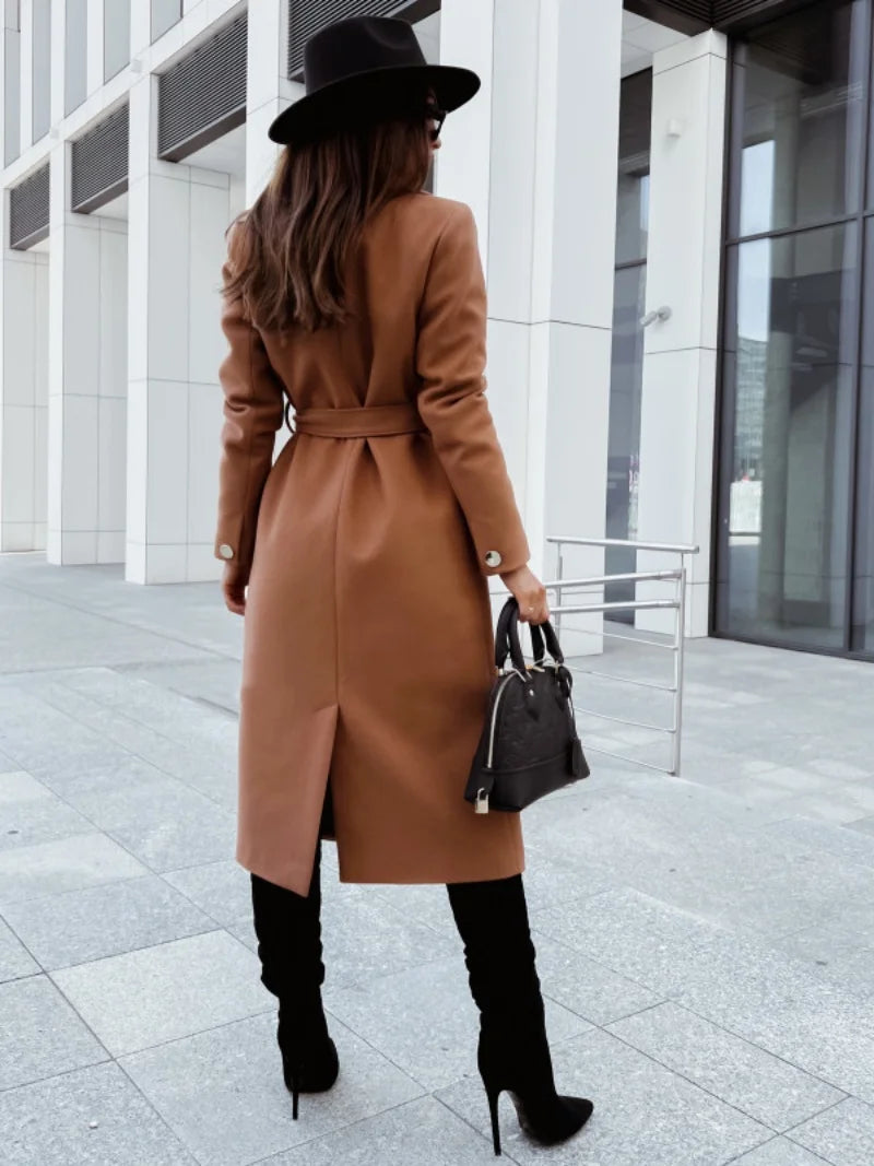 Women's Coat - Belted Wrap Winter Overcoat with Wide Lapel.
