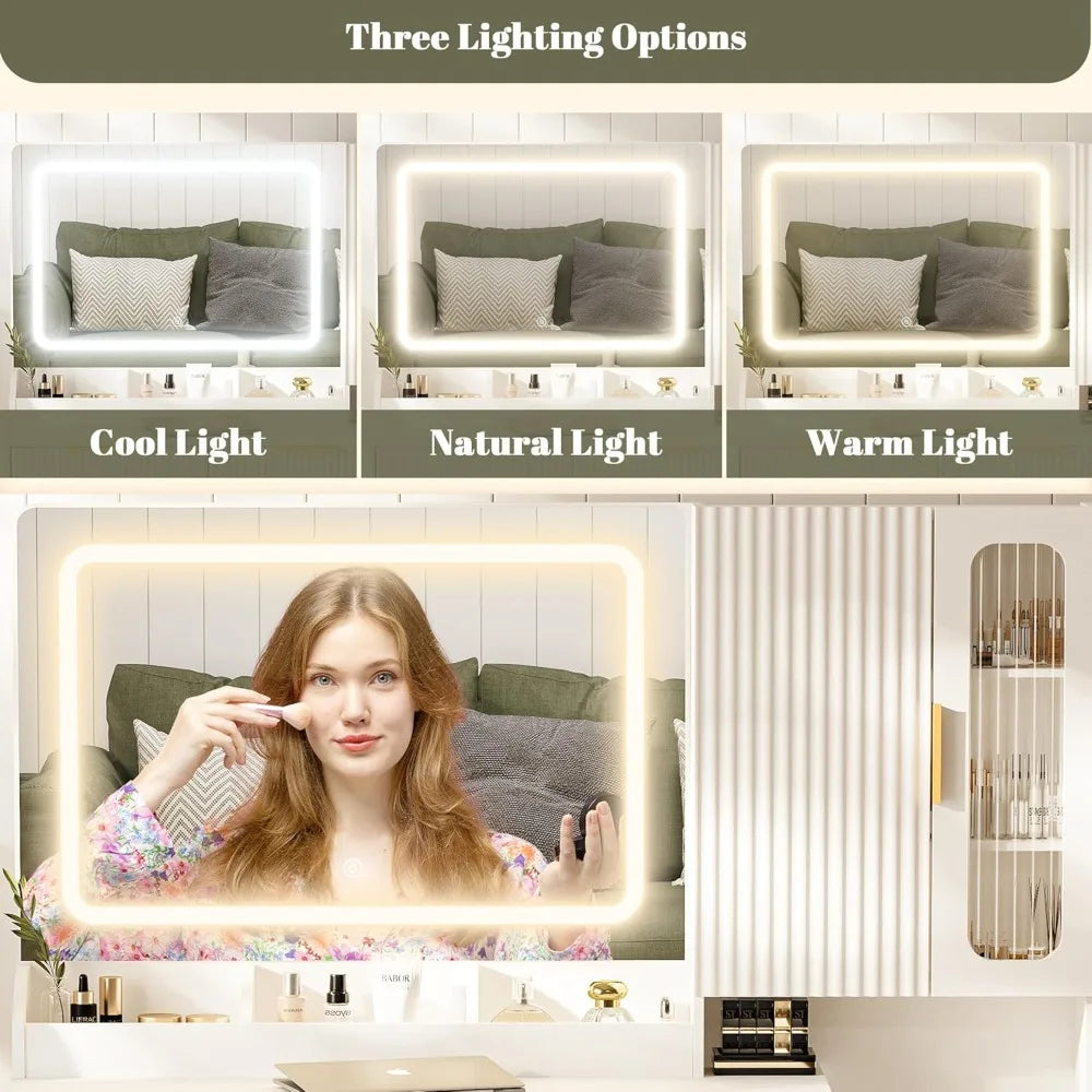 45" LED Makeup Vanity Desk with Mirror, Lights, USB Outlet & Storage for Bedroom.