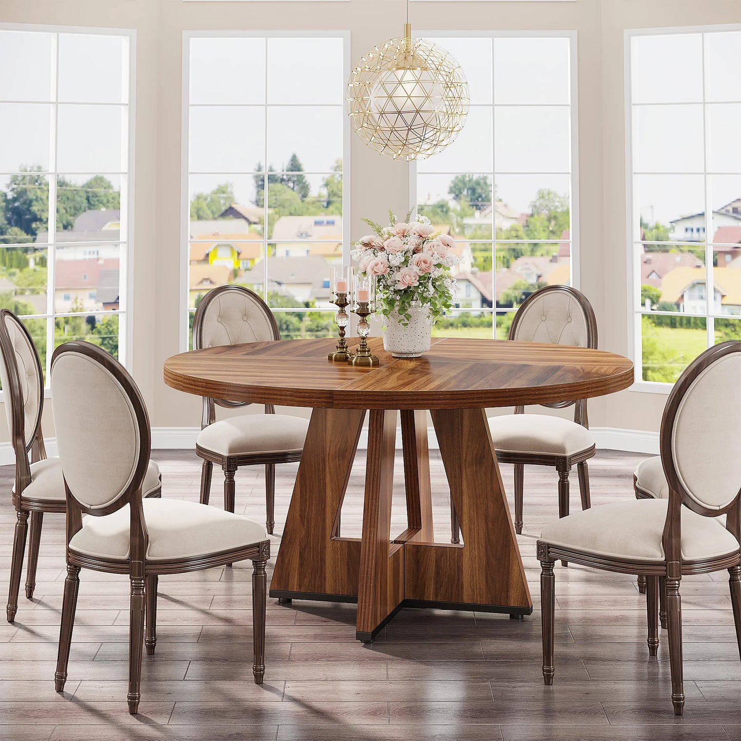 Round Dining Table for 4, 47 Inch Farmhouse Kitchen Table, for Dining Room.