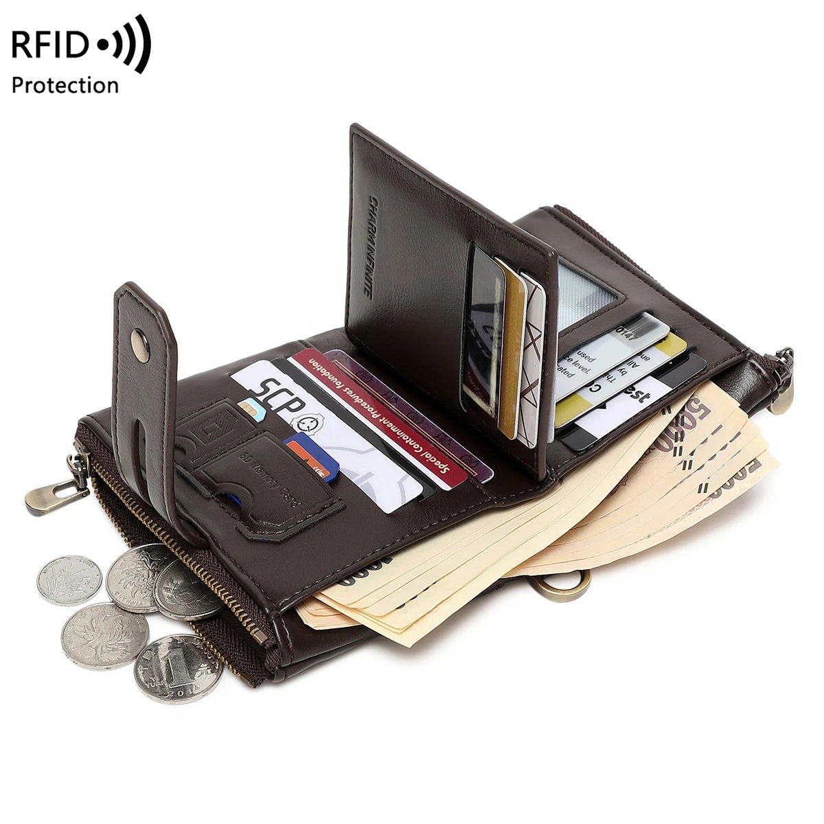 Double Zipper Wallet for Men, Multi-Card, Three-Fold Wallet with Chain.
