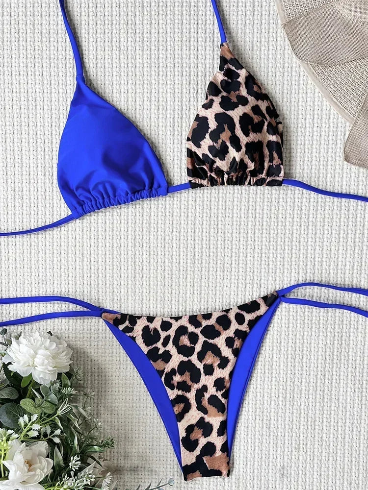 Halter Splicing Leopard Bikinis 2026 Satin Bikini Female Swimsuit Women Swimwear.