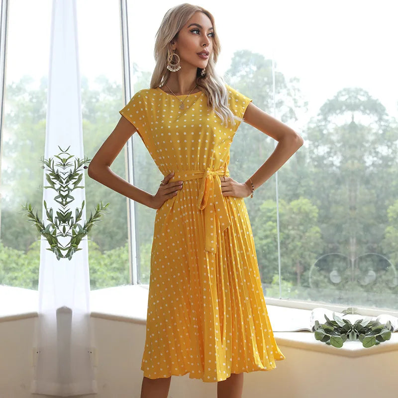 Summer Dresses For Women High Waist Midi Elegant Pleated Polka Dots , Dinner Party Vacation Dress.