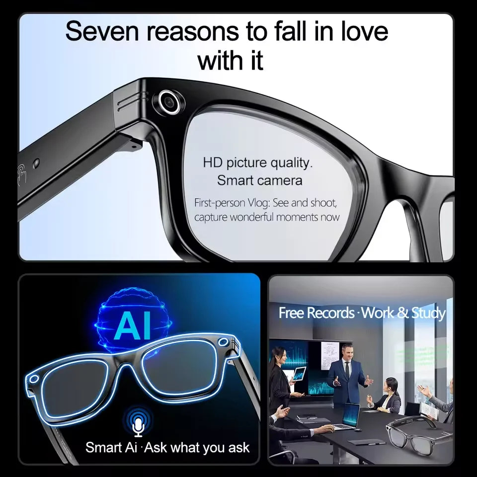 New 8 Million Pixels Camera Smart Glasses, Recording Videos, AI Photo Recognition, Answer Translation, Waterproof Blue light Glasses.