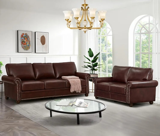2-Piece Modern PU Leather Sofa Set with Storage, Mid-Century Loveseat + 3-Seater Couch for Living Room, Red Brown.