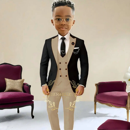 Boys Suit , Tuxedo Black Jacket, Beige Pants ,Vest 3 Pieces Set Kids 2-16 Years Old.