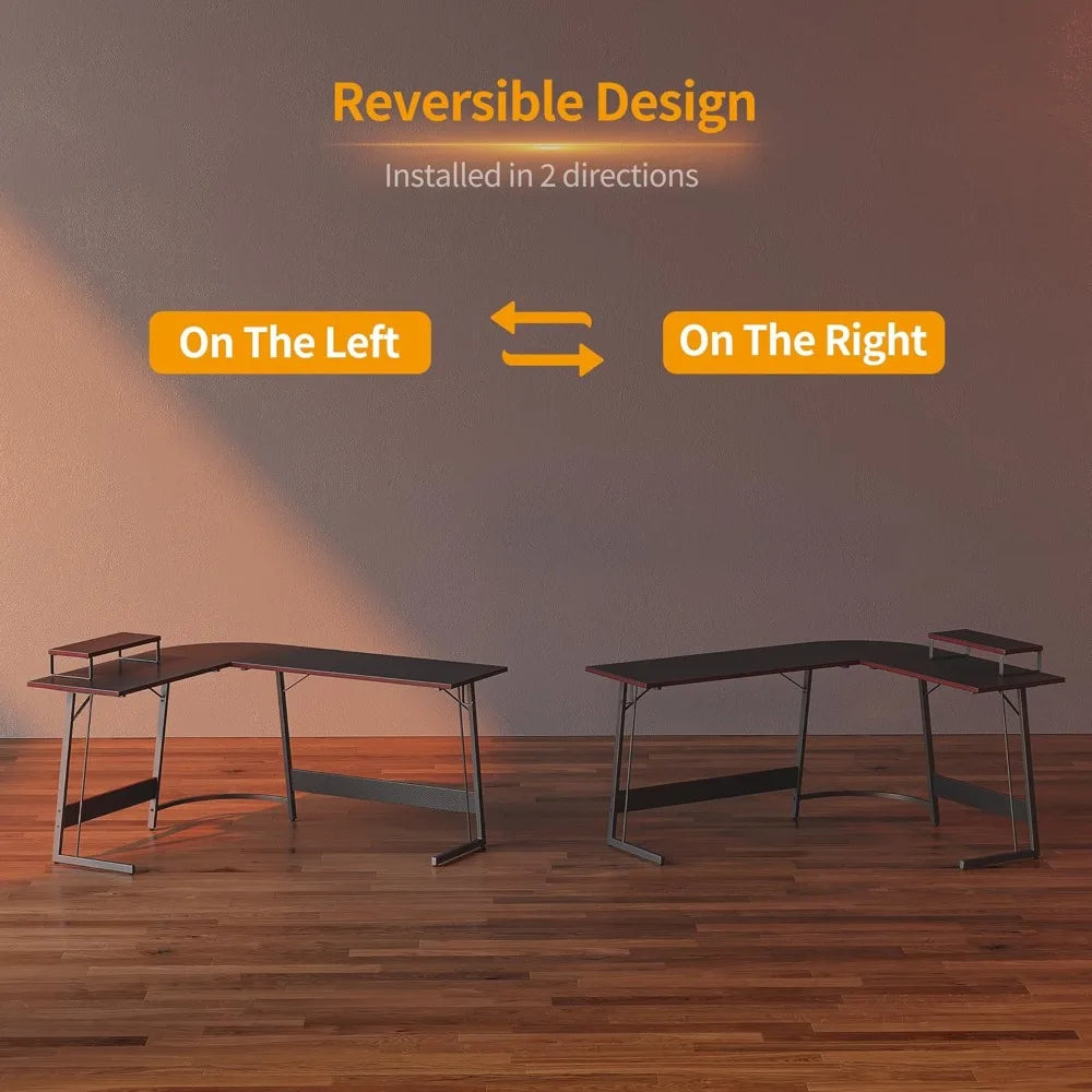 L-Shaped Gaming Desk ,Carbon Fiber Surface, Built-in Monitor Stand Home Office.