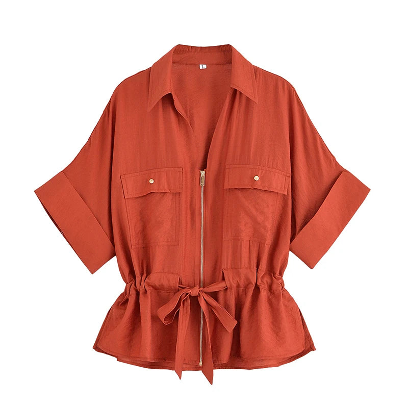 Women Fashion 2 Piece Set Solid Front Zipper Shirts & Vintage High Elastic Waist Trousers Female.