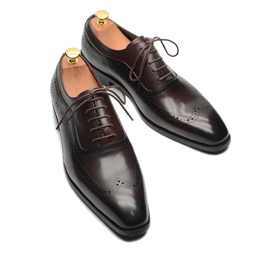 Men Wingtip Oxford Dress Shoes, Genuine Leather Brogue, Dark Brown Lace-up Pointy Toe, Business, Office, Wedding, Formal Shoes.