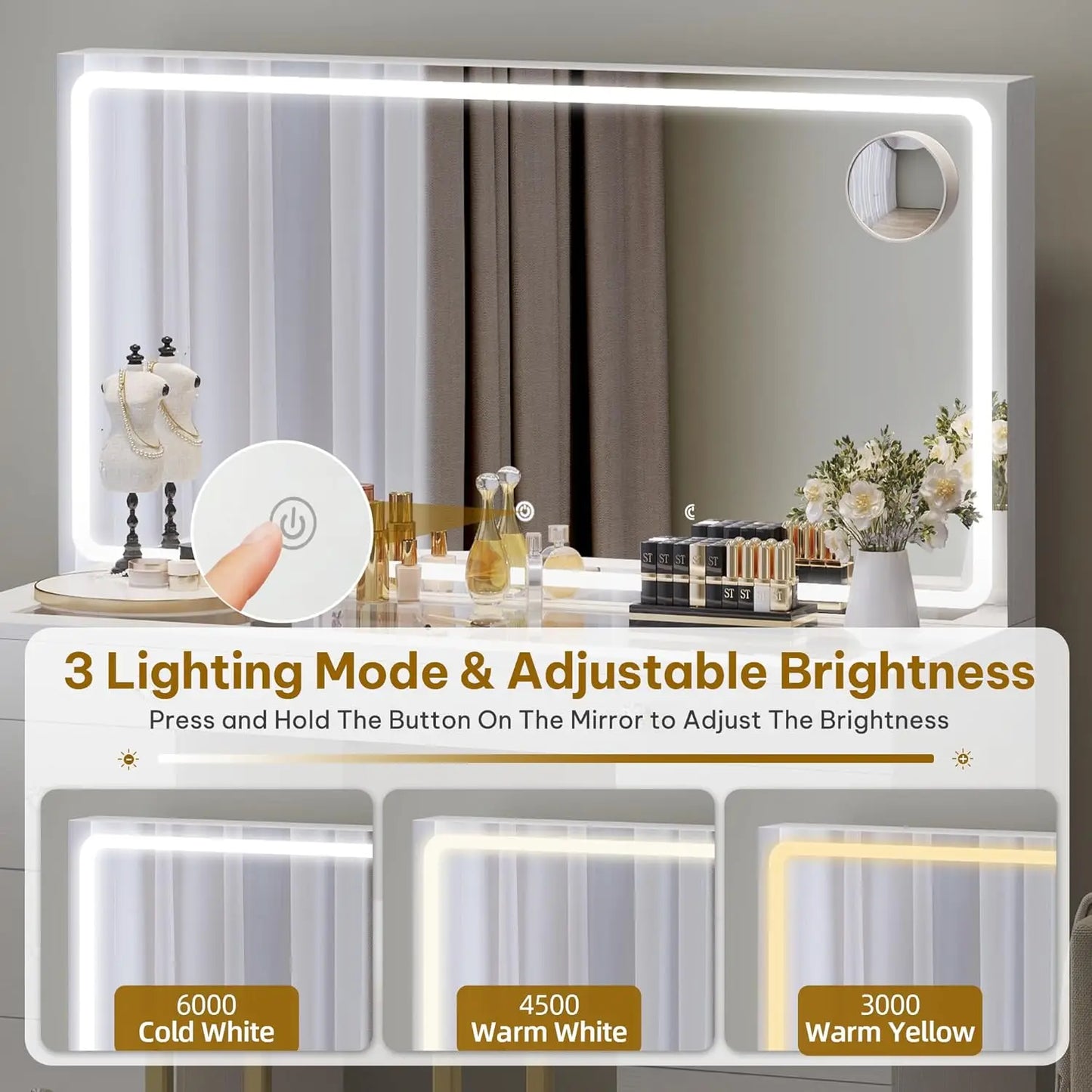 Vanity Desk with Mirror and Lights, Charging Station, Makeup Table with 8 Drawers, Dimmable Lighting