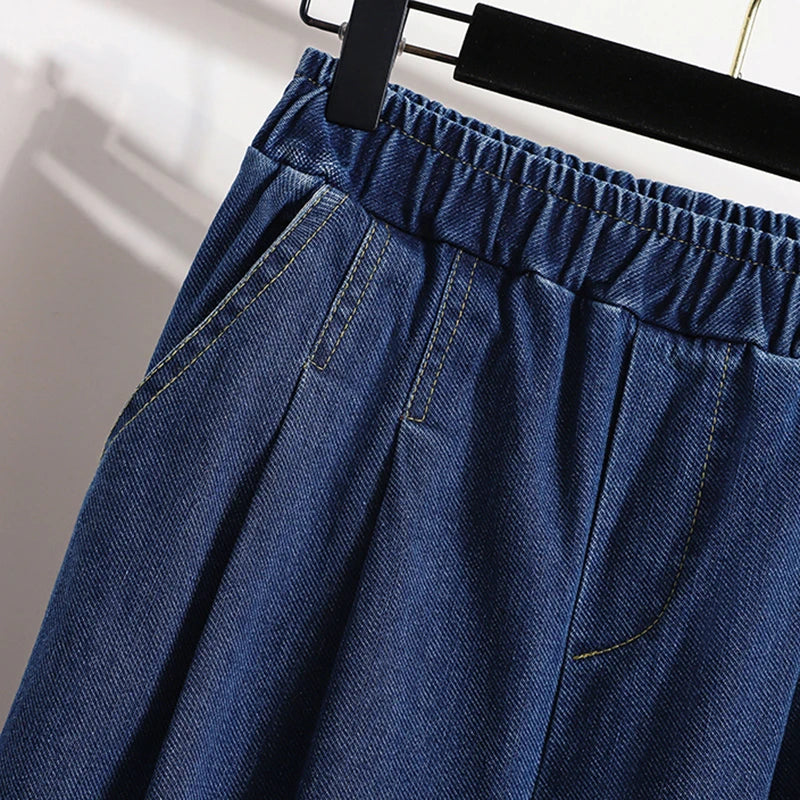 New 2024 Autumn Plus Size Jeans For Women High Elastic Waist Loose Blue Black Color.