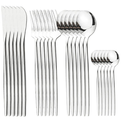 24pcs Dinnerware Set Stainless Steel  Polished, Dishwasher Safe, Knives Forks & Spoons