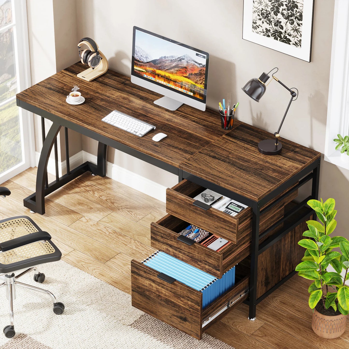 Computer Desk with 3 Drawers, 59-Inch PC Desk with Reversible Drawers, Industrial Study Table Workstation.