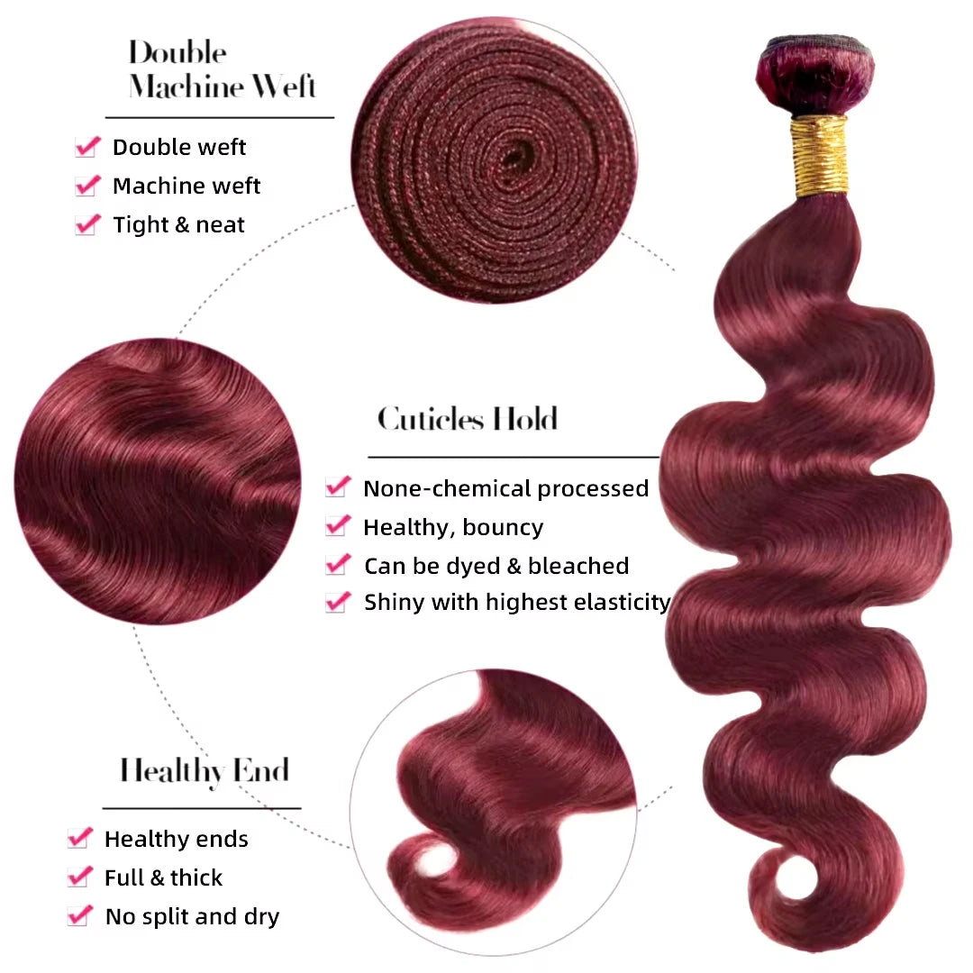 16A Burgundy 99j Body Wave Bundles, Red Colored Human Hair Bundles, 1/3/4 PCS Brazilian Virgin Hair Weave Extension For Women.