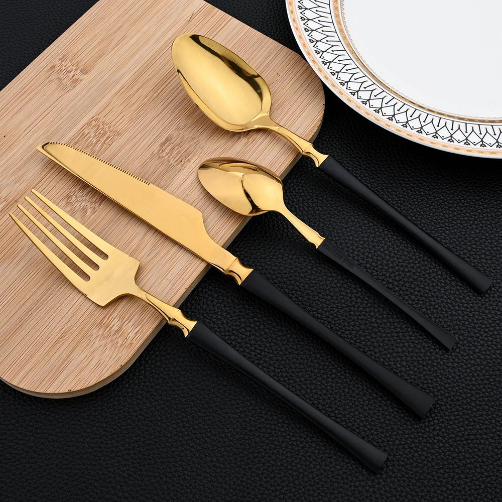 16Pcs Dinnerware Set, Stainless Steel, Western Black, Set  Spoon ,Fork, Knife Tableware.