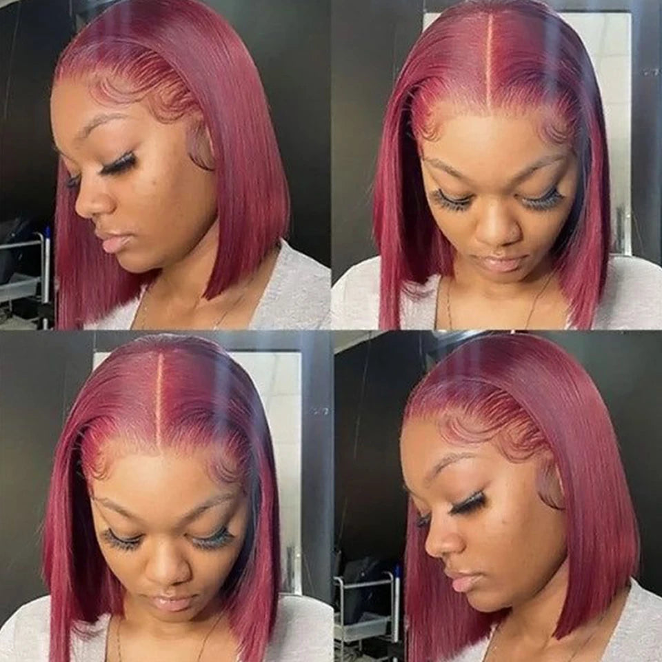 Brazilian  HD Transparent Short Bob Human Hair Wigs Highlight Burgundy 99J Straight