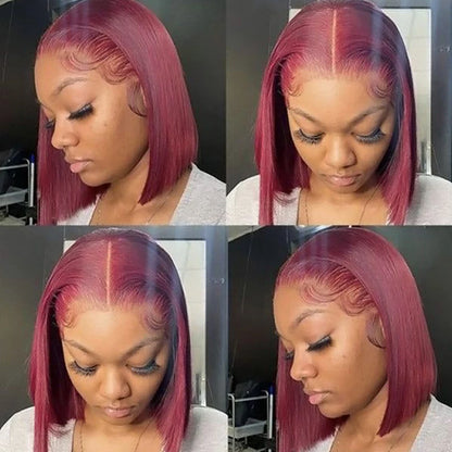 Brazilian  HD Transparent Short Bob Human Hair Wigs Highlight Burgundy 99J Straight