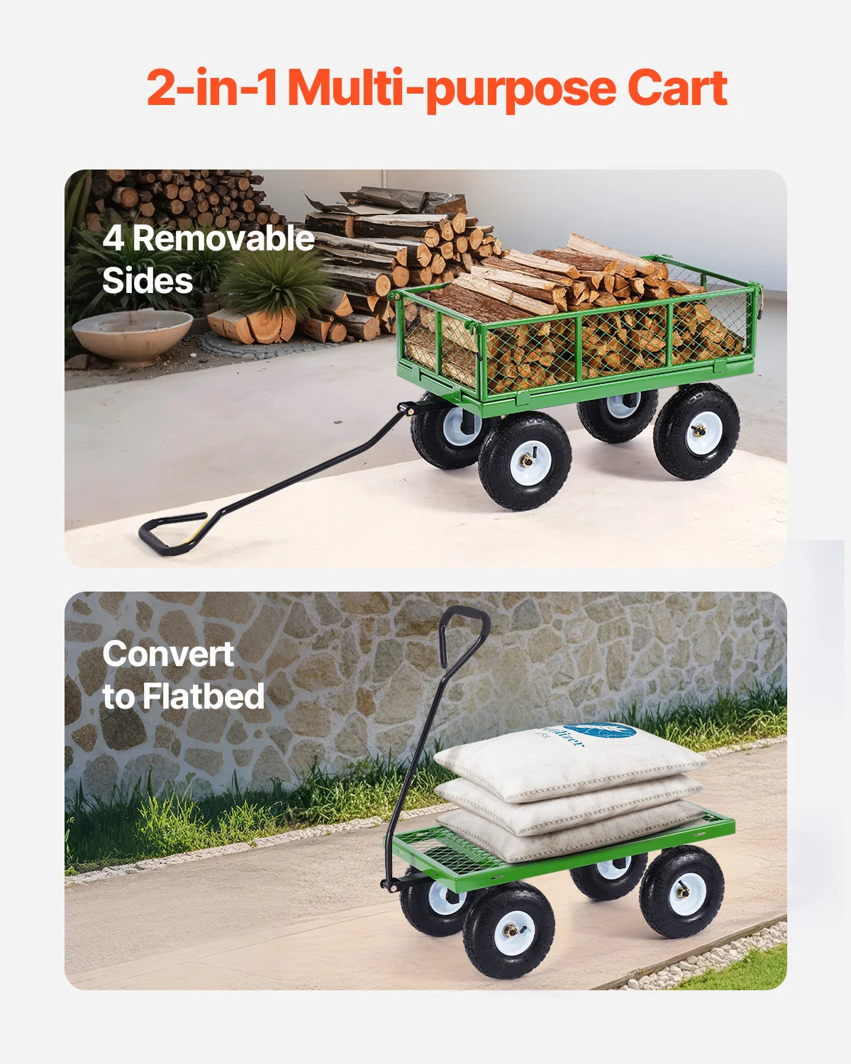 Steel Garden Cart on Wheels  Pullable 180°Rotating Handle