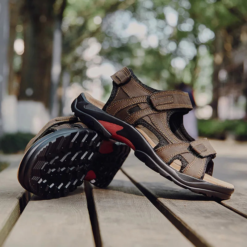 COW LEATHER Men Sandals Outdoor Beach Sports Shoes, Genuine Leather Roman Sandals Plus Size 38-48.