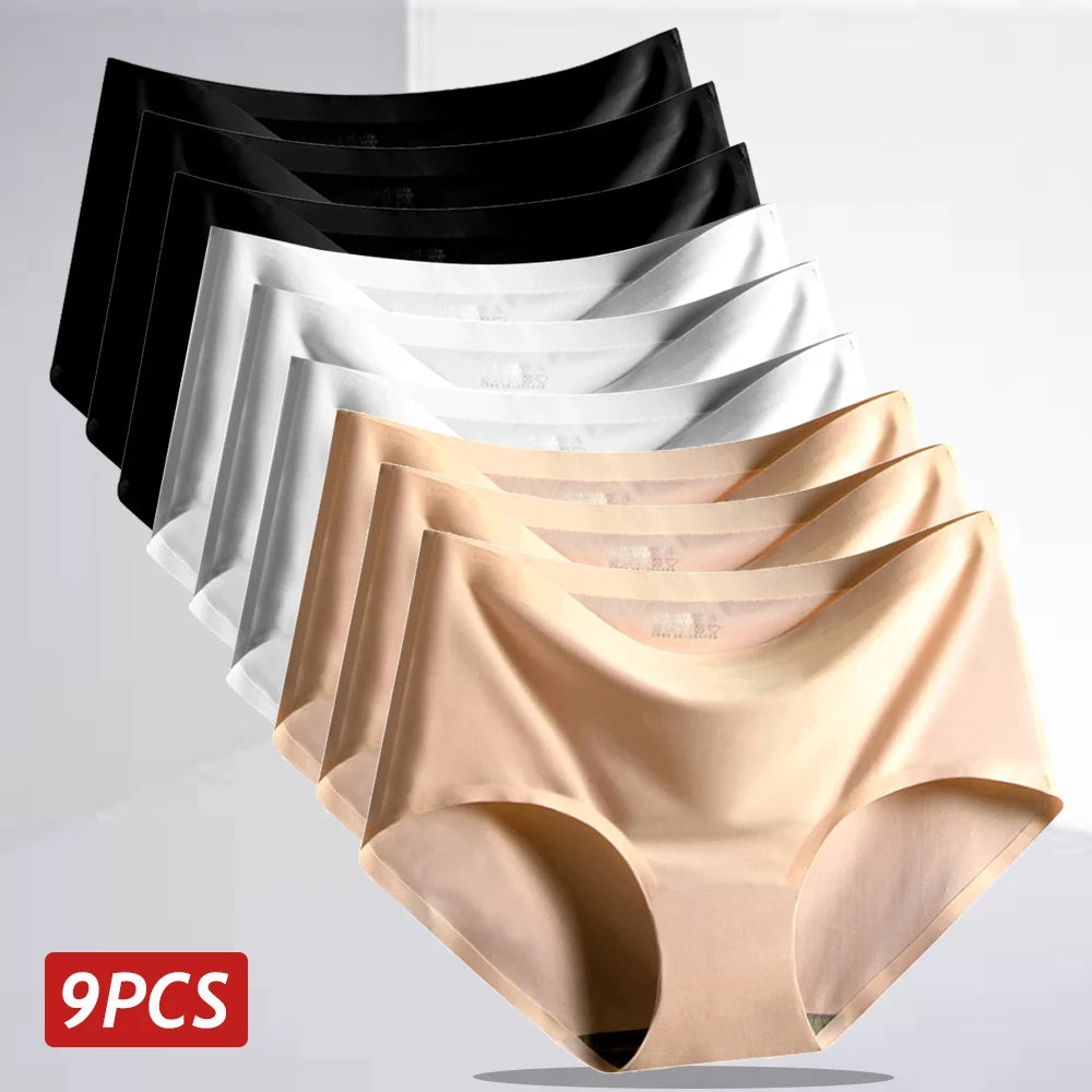 9PCS Ice Silk Seamless Panties For Women, Mid Rise Intimate Breathable Large Size Lingerie.