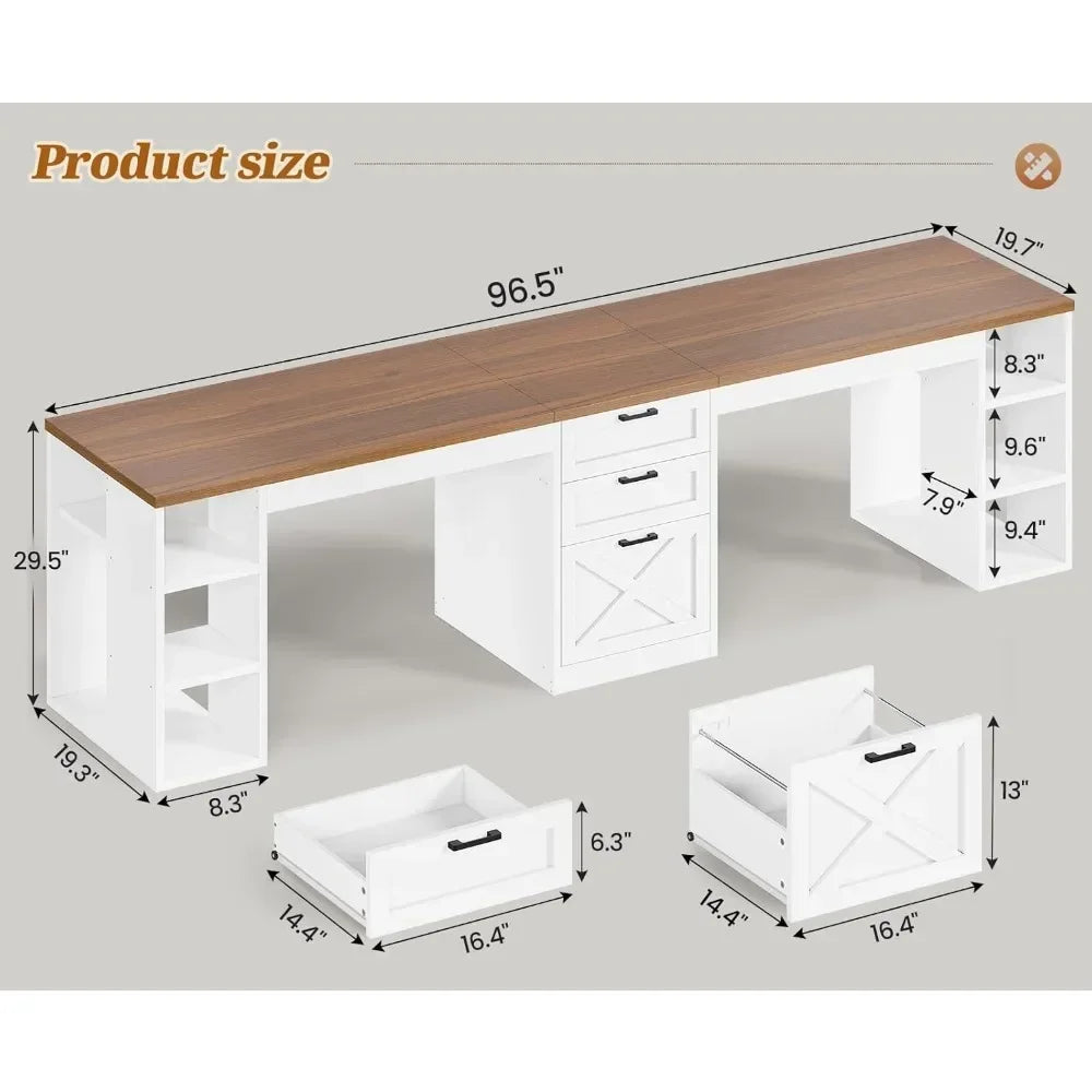 Farmhouse 96.5 Computer Desk with Drawers, 2 Person Home Office Desk.