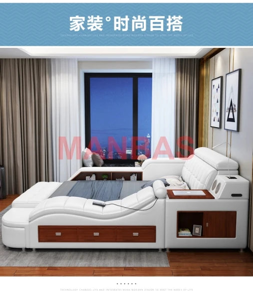 King/Queen Size Multifunctional Bed Tech Smart Genuine Leather Bed with Audio