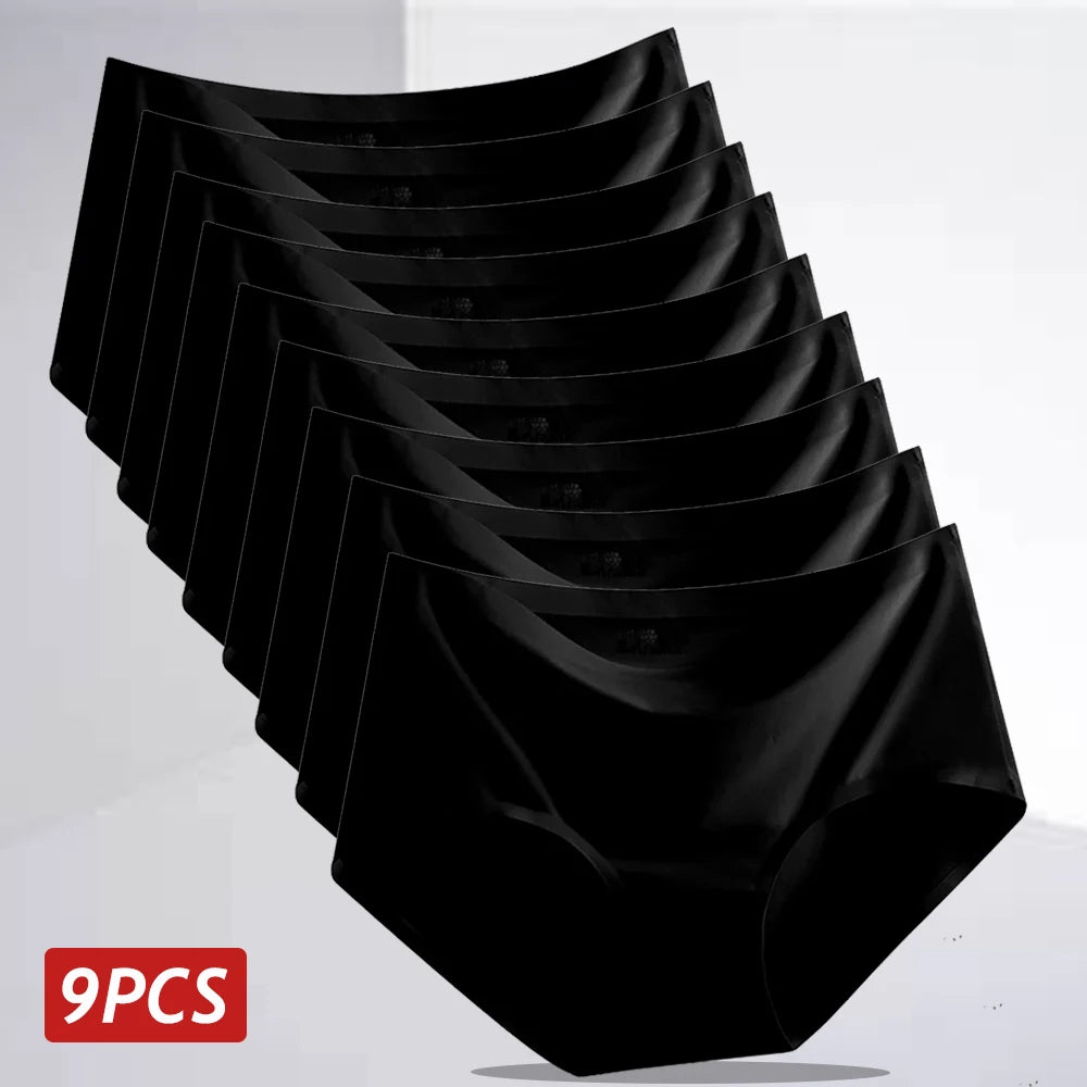 9PCS Ice Silk Seamless Panties For Women, Mid Rise Intimate Breathable Large Size Lingerie.