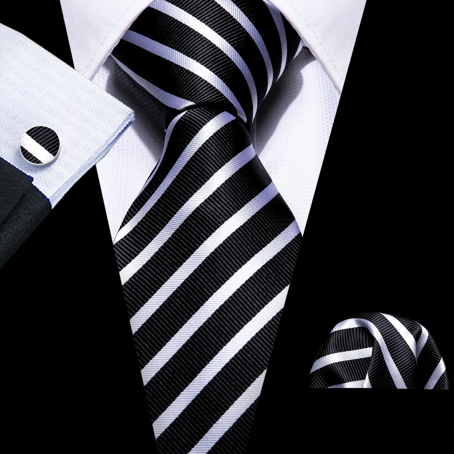 Black White Gray Silver Men Tie Handkerchief Cufflinks Set.