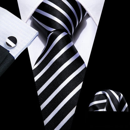 Black White Gray Silver Men Tie Handkerchief Cufflinks Set.