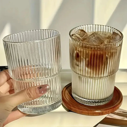 6pcs, 200ml/6.8oz Stackable Ribbed Glass Cups, Iced Coffee , Juice Cups,  Reusable Glass Cups.