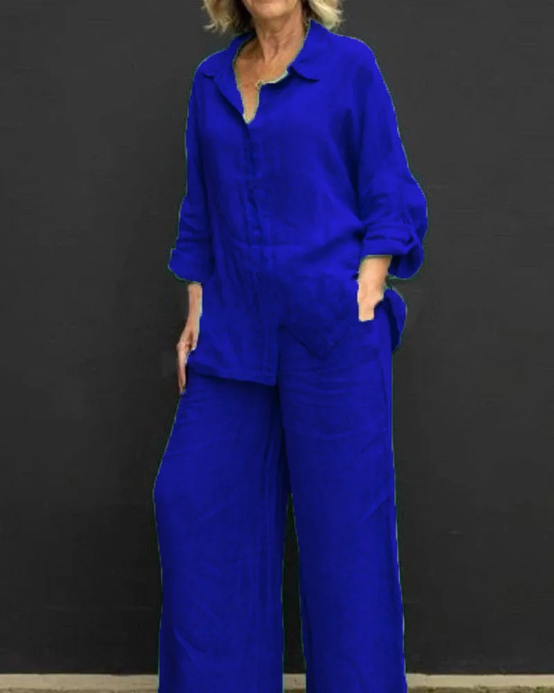 Two Piece Sets Women Outfits,  Fall Simple Long Sleeve Shirt Loose Trousers Set Office Casual.