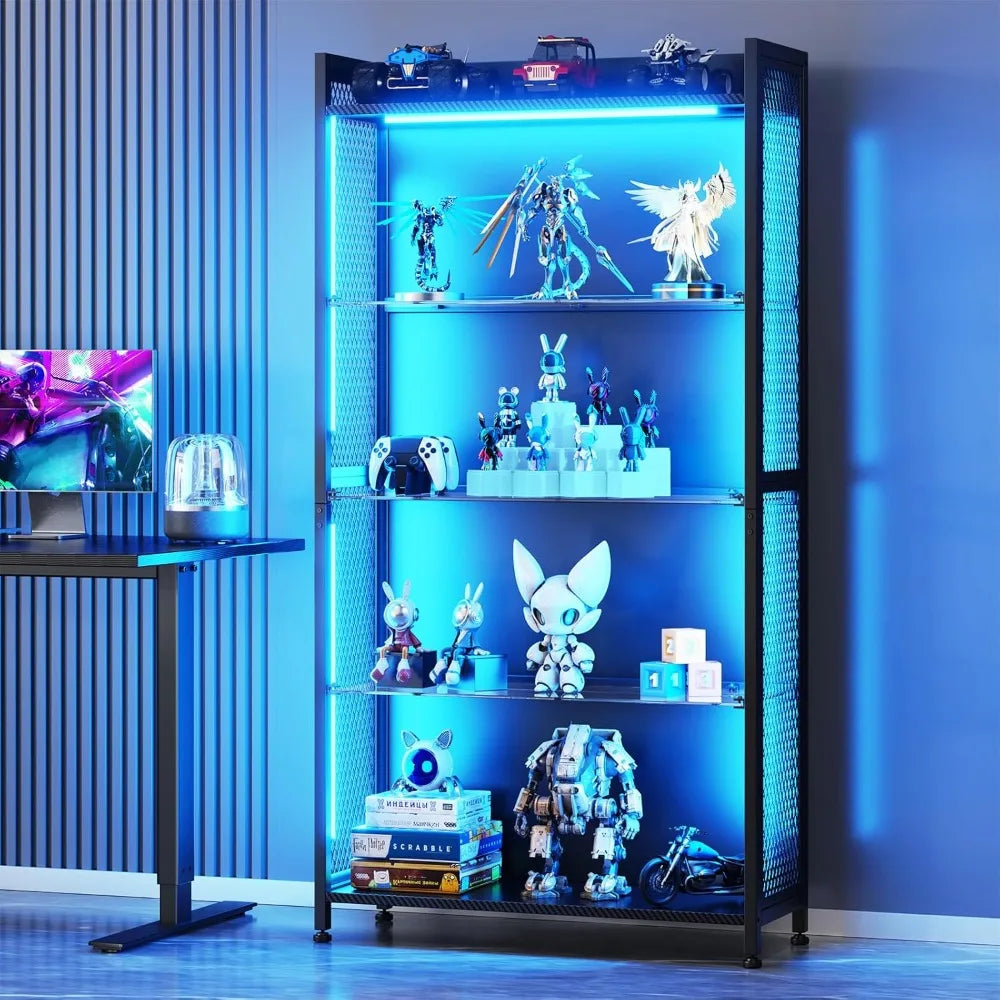 LED Display Cabinet with Glass Shelves, 5-Tier RGB Lighting Curio Case for Collectibles Storage.