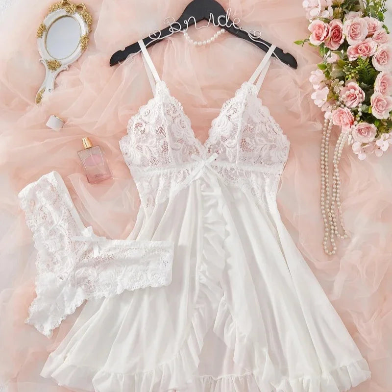 Sexy Lingerie Set, Women Erotic Bra Nightdress Sexy Sleepwear, V Neck Full Slip.