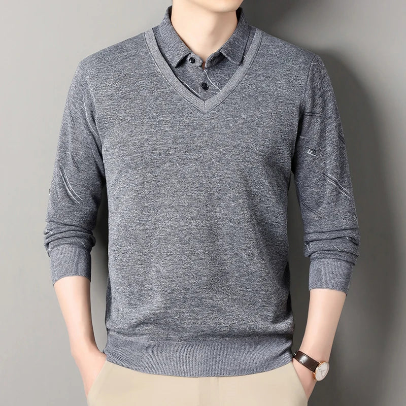 Men Fleece Lining Sweater Autumn Winter Pullover, Polo Shirt Collar Fake Two Piece Casual Knitwear.
