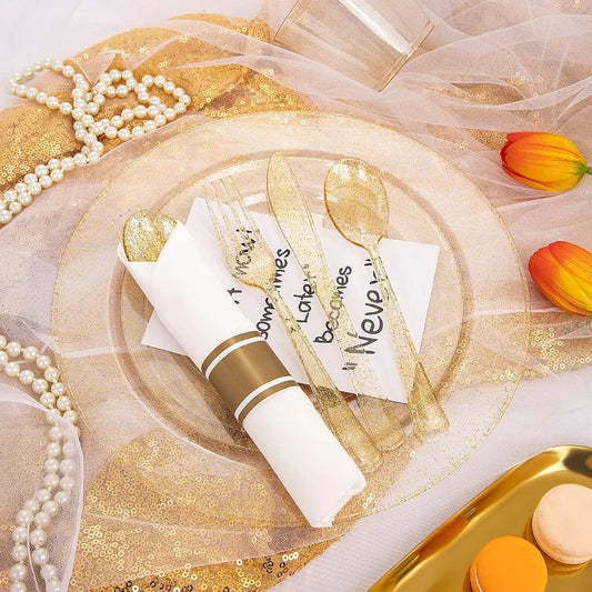 112Pcs Gold Glitter Plastic Plates  Disposable 16 Dessert Plates 16 Din