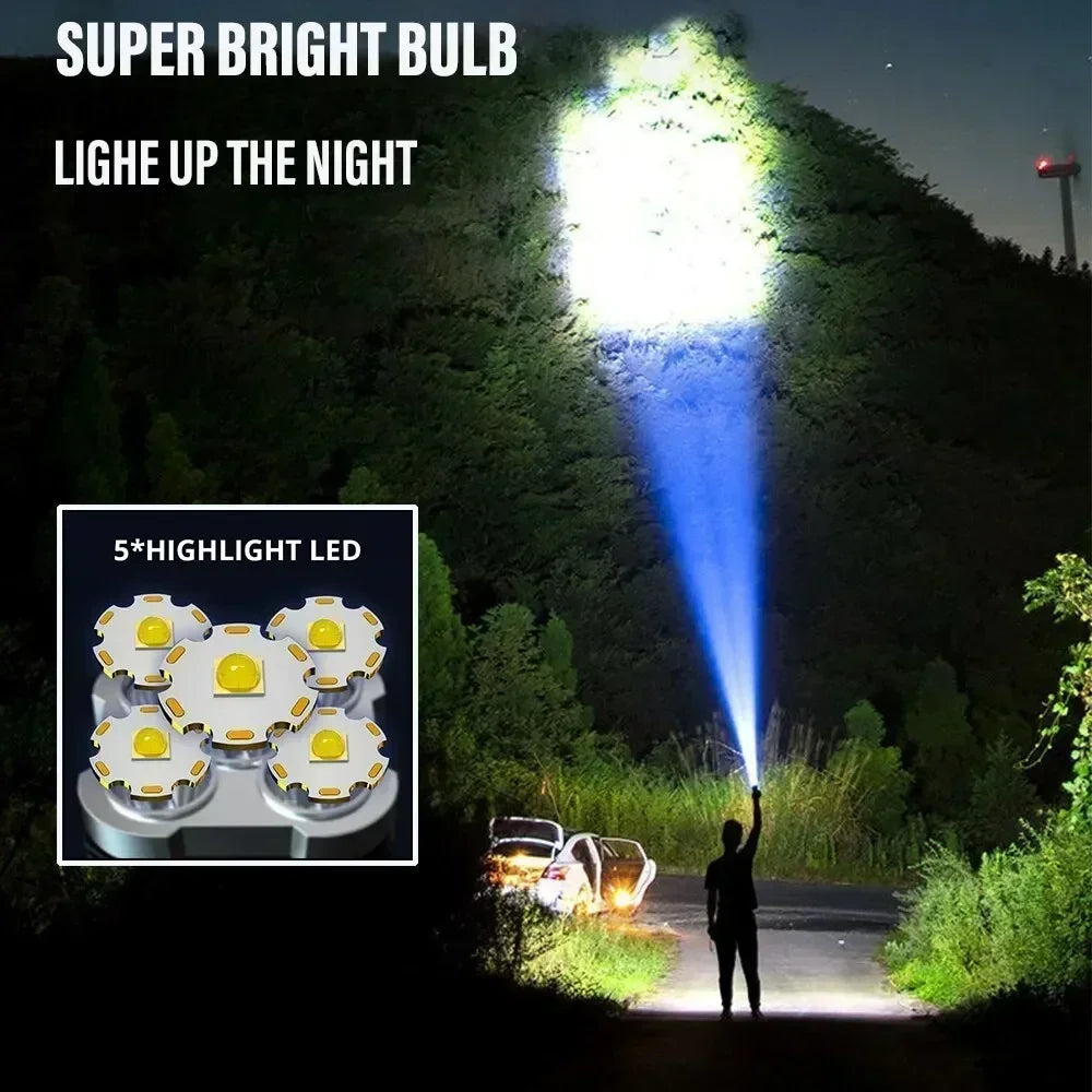 Hilo 5LED Flashlight Portable, Powerful COB Side Light 3 Modes USB Rechargeable, Camping Searchlight.