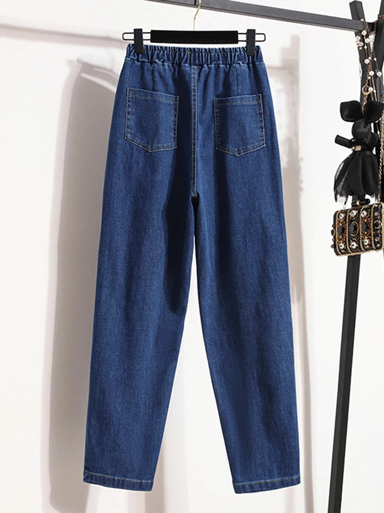 New 2024 Autumn Plus Size Jeans For Women High Elastic Waist Loose Blue Black Color.