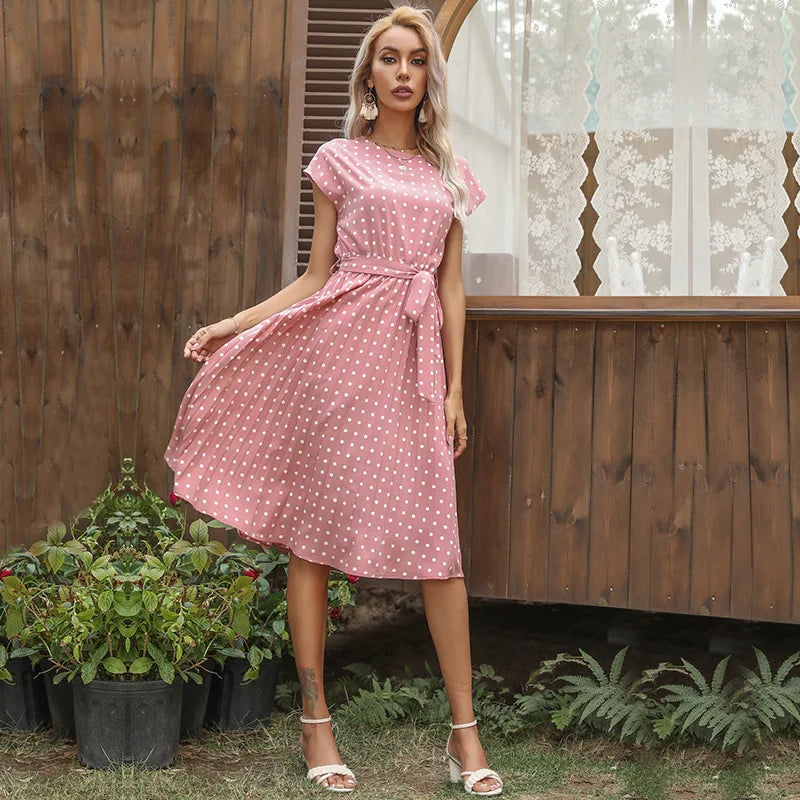 Summer Dresses For Women High Waist Midi Elegant Pleated Polka Dots , Dinner Party Vacation Dress.