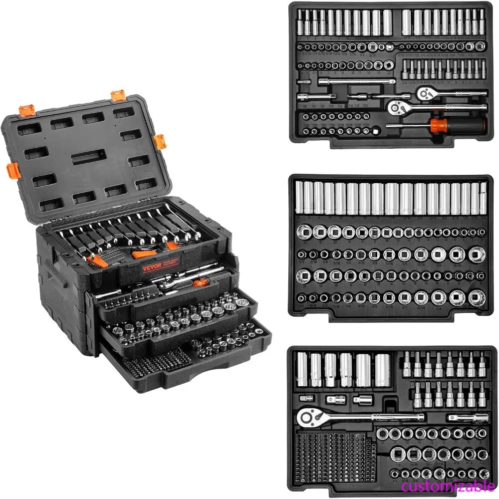 Comprehensive Mechanics Tool Kit: 450-Piece SAE and Metric Socket Set, with 1/4, 3/8, and 1/2 Drive Deep and Standard Sockets.