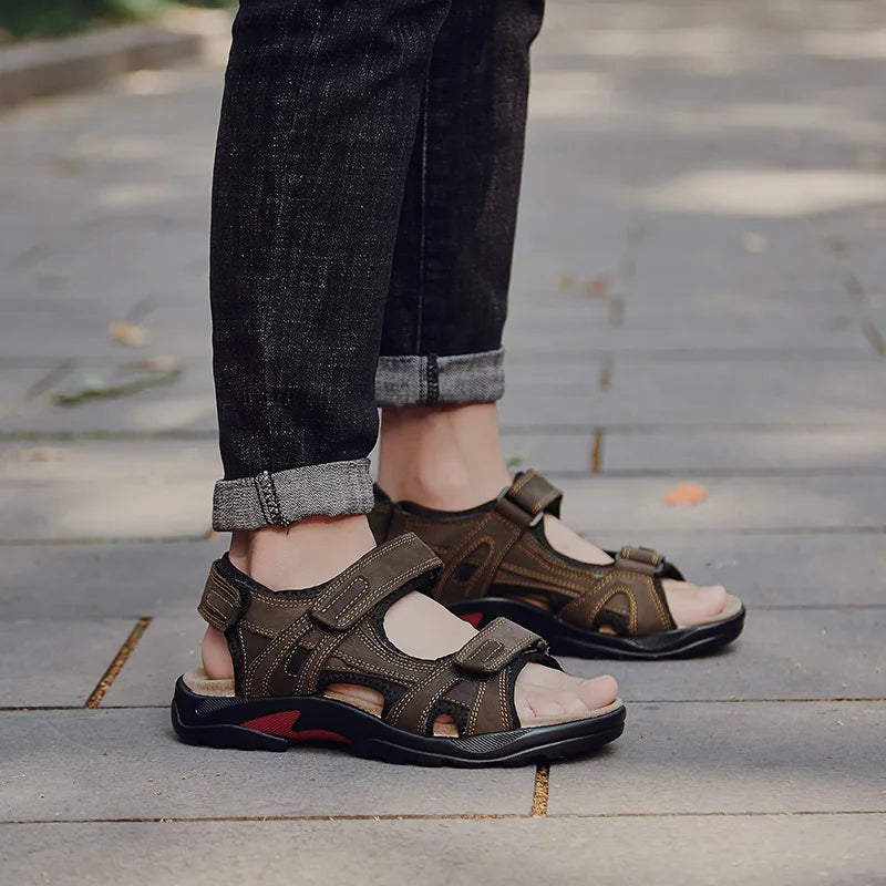 COW LEATHER Men Sandals Outdoor Beach Sports Shoes, Genuine Leather Roman Sandals Plus Size 38-48.