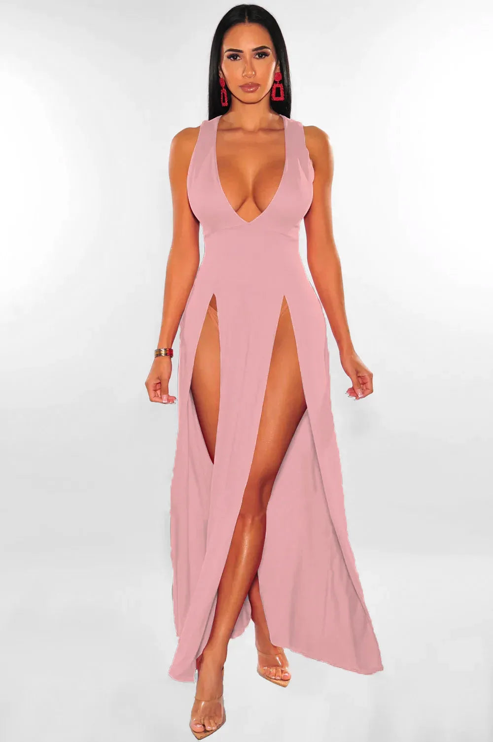Summer New Women Sexy High Split Dresses, Sleeveless Deep V-Neck High Slit Long Party Bodycon Red Dresses.