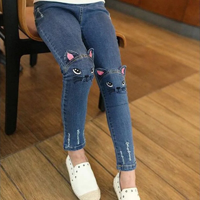 Children, Infants, Girls Casual Denim Long Pants, Skinny Trousers Prints.