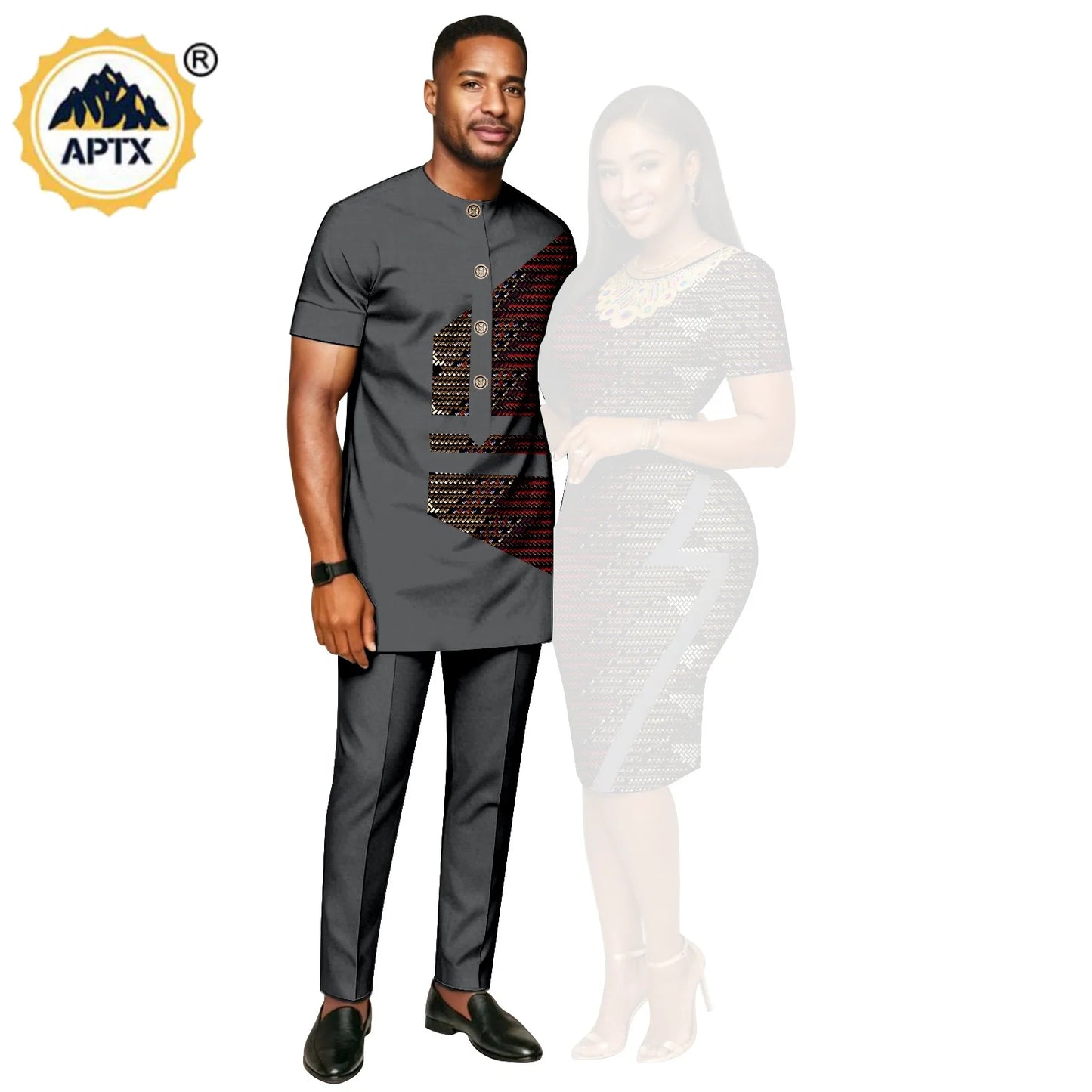 African Print Slim Hip Knee-length Dresses for Women, Matching Couple Outfits Dashiki Men Patchwork Top and Pant Sets 26C019.