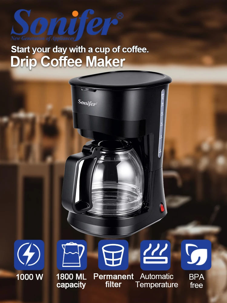 Sonifer SF-3596 Drip Coffee Maker, 1.8L 1000W Large Capacity Cafe Machine 12-15 Cups, Borosilicate Glass Carafe Permanent Filter.