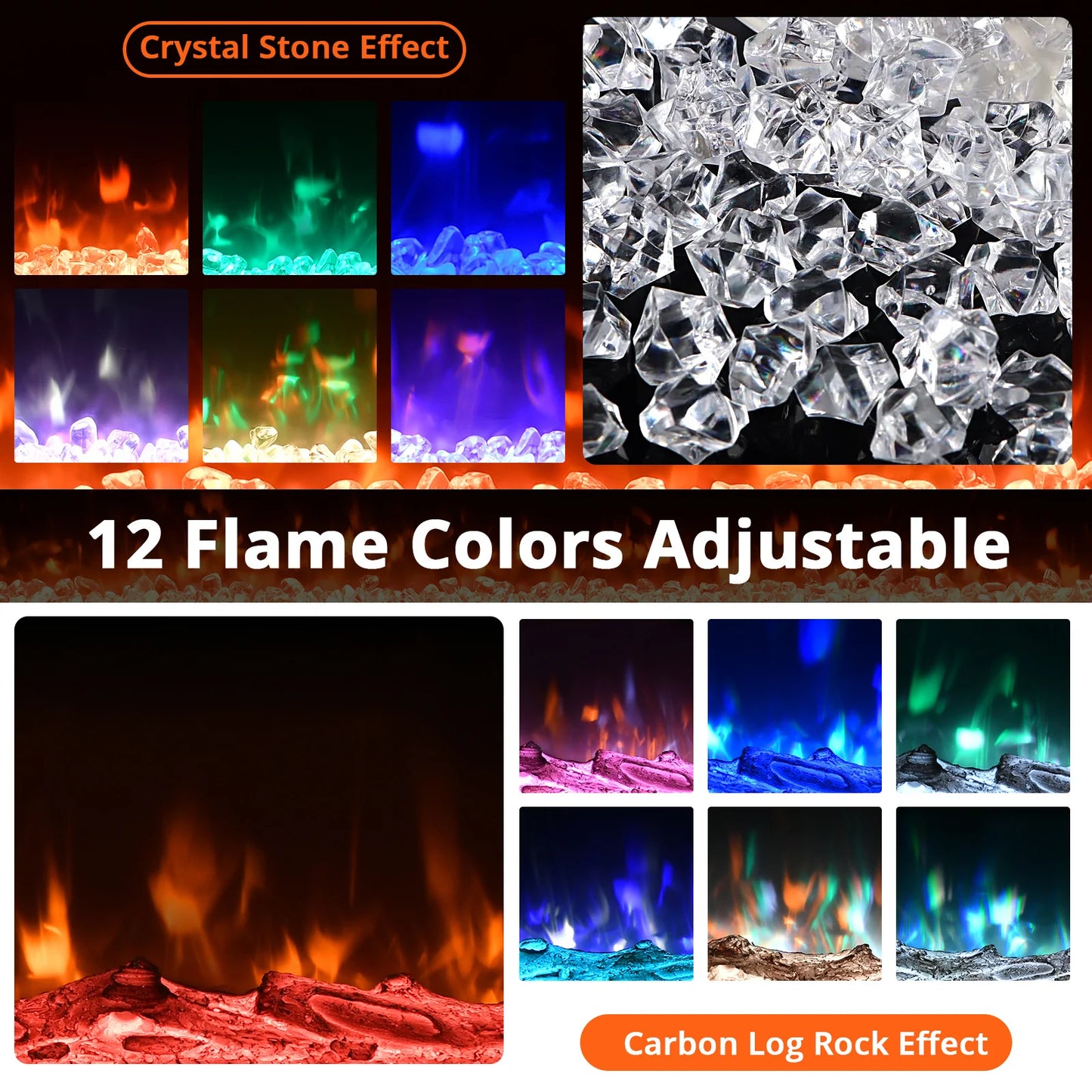 60" Electric Fireplace, 3.85" Ultra-Thin Recessed & Wall Mounted  12 LED Flame Colors
