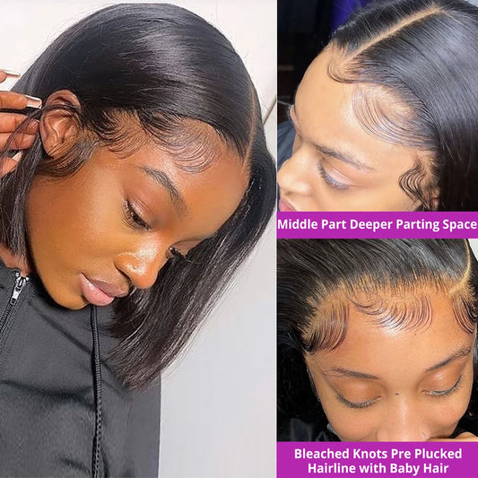 No Glue Brazilian HD Transparent 13x4 Bone Straight Short Bob.  13x6 Straight Lace Front