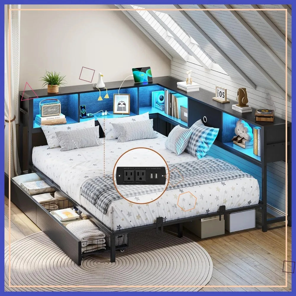 Full Corner Bed Frame with LED Lights, Storage Drawers & Charging Station - No Box Spring Needed.