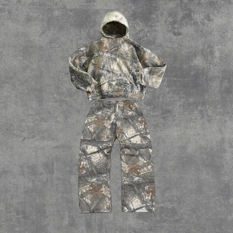 2 Pcs Outerwear Co-ords,Y2K Retro Camo Men Zipper Hoodie Camouflage Streetwear, Hip Hop Unisex Oversized Sweatshirt Sets.