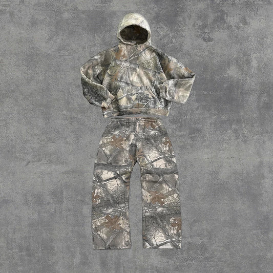2 conjuntos de ropa exterior, chándal de camuflaje retro Y2K para hombre con cremallera, estilo urbano, conjunto de sudadera oversize unisex de hip hop.
